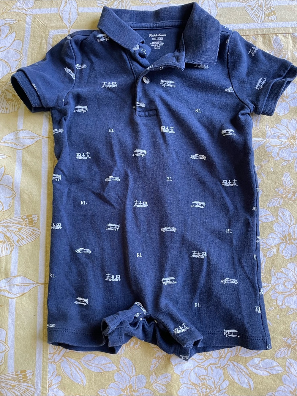 Ralph Lauren Navy Polo-Style Baby One-Piece Trains Airplanes Cars Cotton 12-18M
